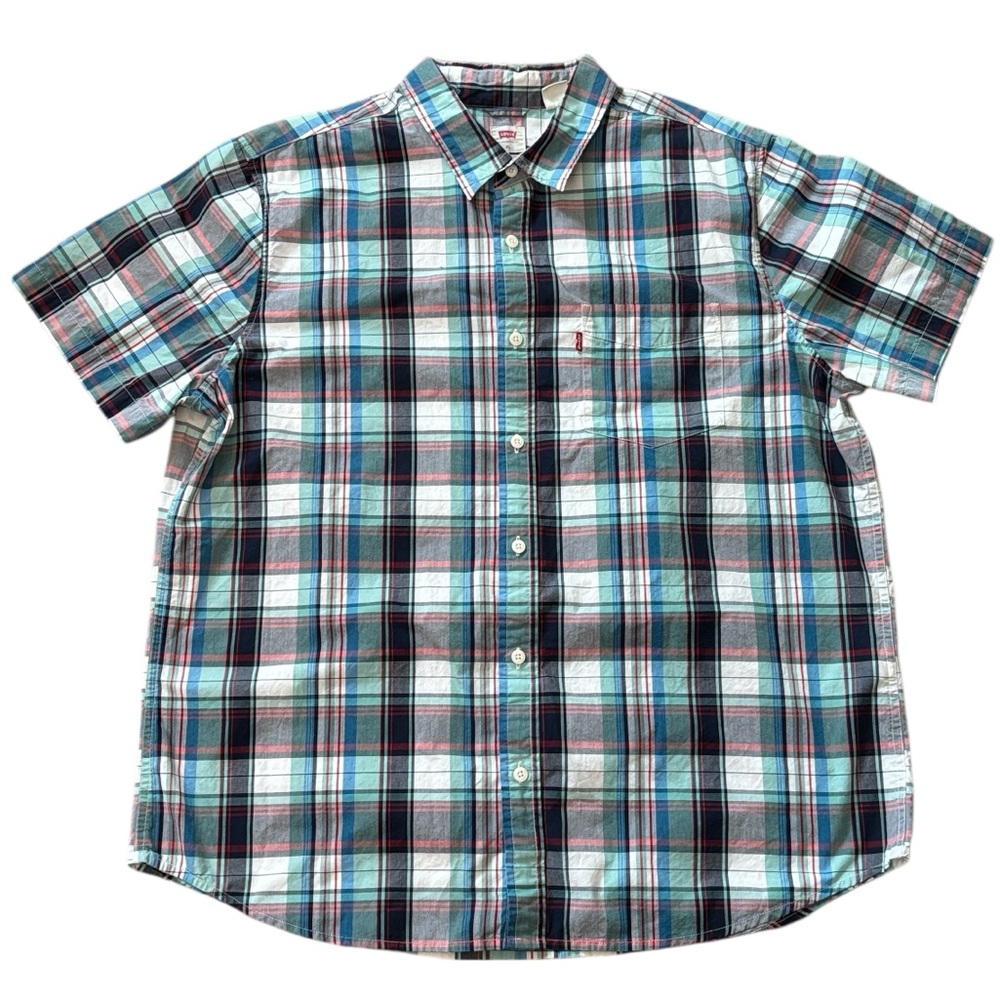 Levi’s Plaid Blue Green Red Short‎ Sleeve Button Down Shirt Size XL